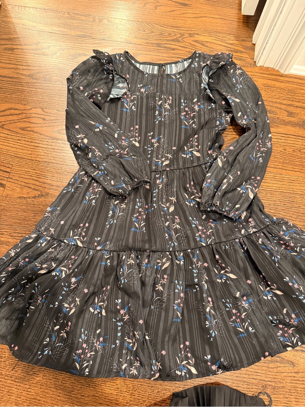 Zac Posen Black Floral Long-Sleeve Tiered Dress with Pink and Blue Accents